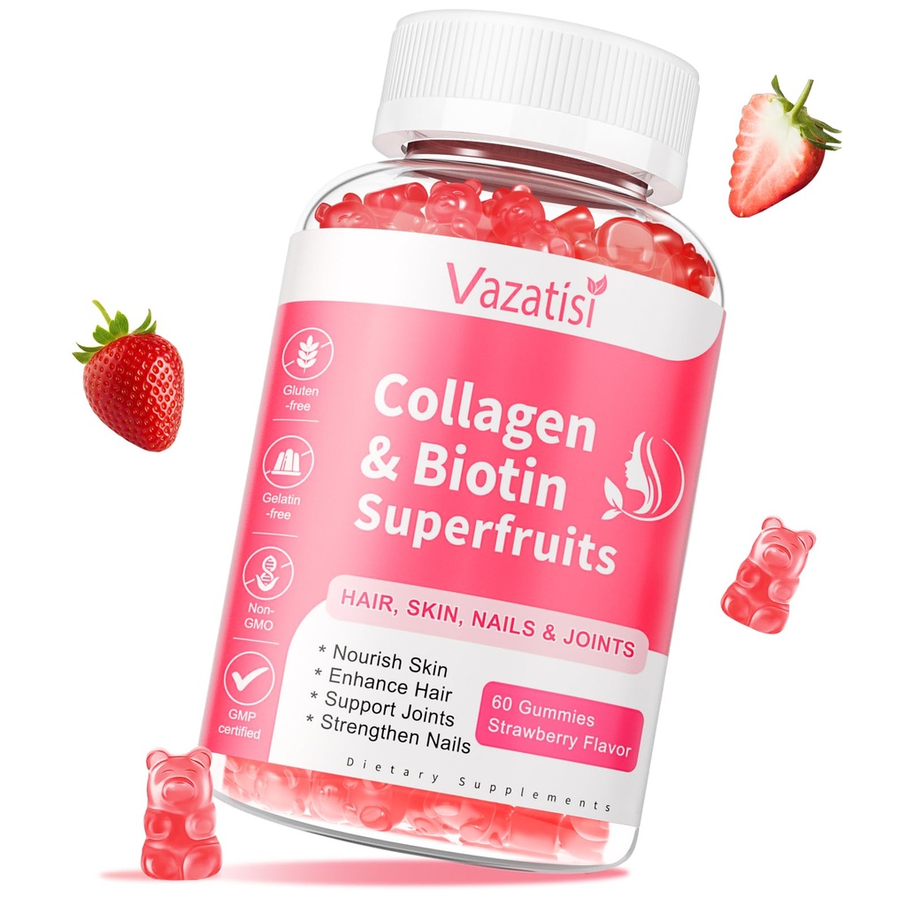 Sugar Free Collagen Gummies for Women Men, Multi Collagen Peptides Gummies Type I II III V X with Biotin Vitamin A B C D E for Hair Skin Nails, Strawberry Flavor, 60 Count