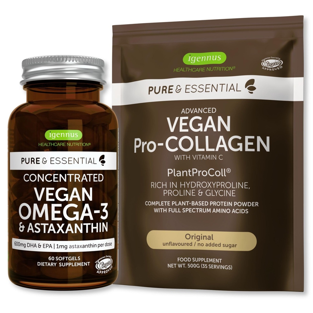 Pure & Essential Vegan Collagen Peptide Protein Powder & Vegan Omega 3 Bundle, Complete Collageen Boosting Formula & Sustainable Algene Oil 1340mg, by Igennus