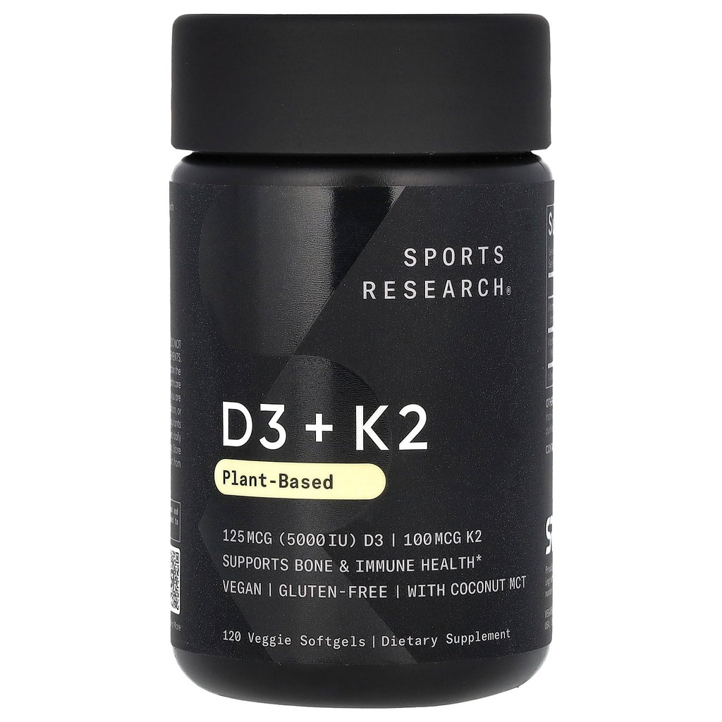 Sportonderzoek Vitamine D3 met K2 Softgels - Plant-based K2 & Vegan D3 5000iu met kokos MCT olie - Vegan Certified, Soy & Gluten Free - 120 Tel.