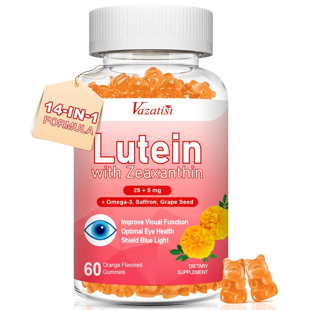 Luteïne en Zeaxanthine Supplementen Gummies, Advanced Eye Vitamin Supplement met bosbessen, Saffraan, Grape Seed, Omega 3 voor maculaire gezondheid, droog oog, visuele functie - Oranje smaak, 60 Tellen