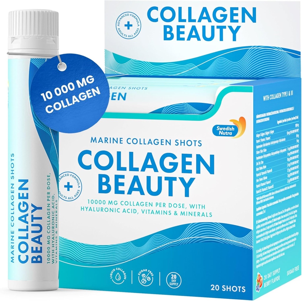 Zweedse Nutra - Collageen Beauty 10.000 mg Gehydrolyseerde Marine Collageen Liquid Supplement - 20 x 25 ml Dagelijkse Shots 