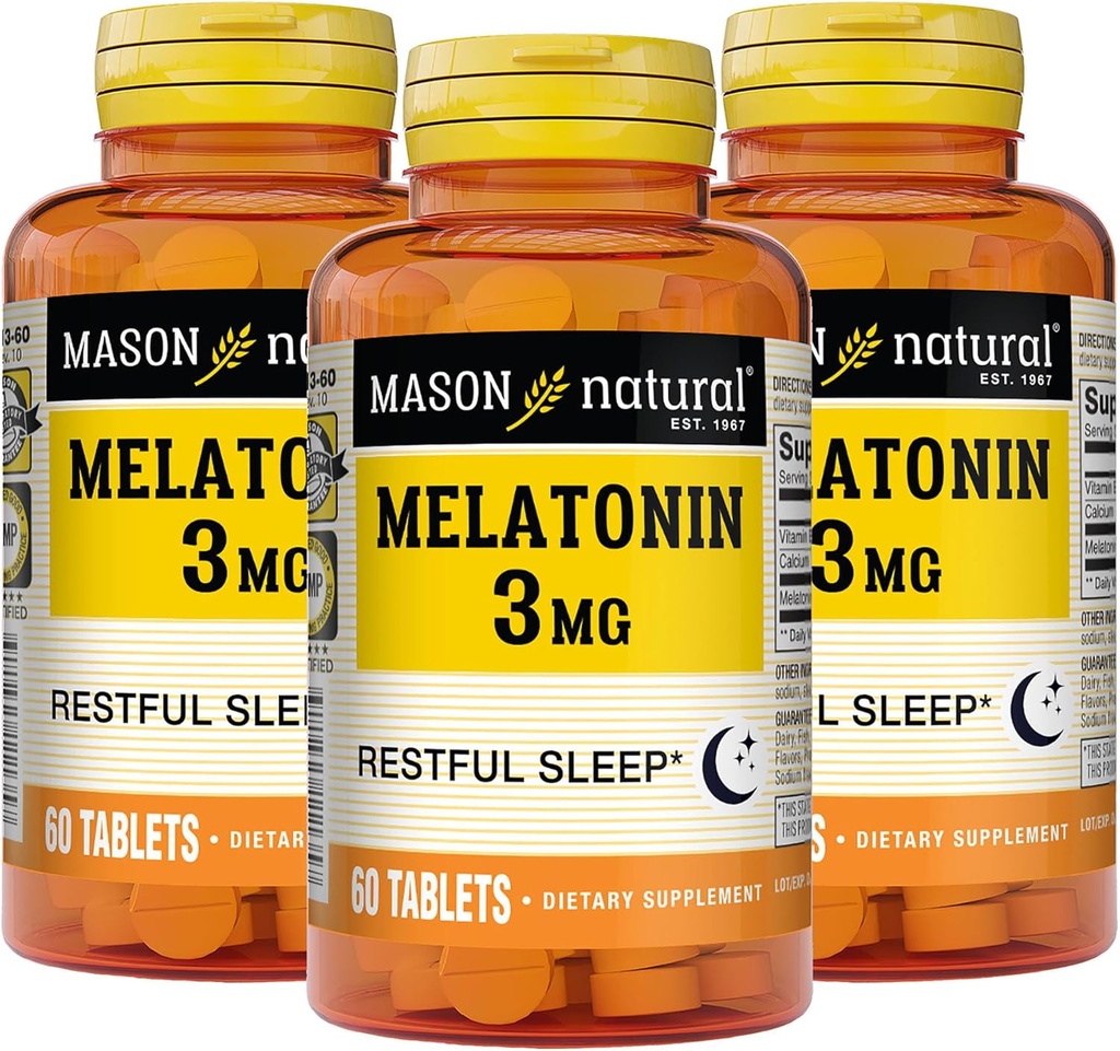 MASON NATUURLIJKE Melatonine 3 mg met B6 & Calcium, natuurlijke slaaphulp, ondersteunt rustgevende slaap, 60 tabletten (verpakking van 3)