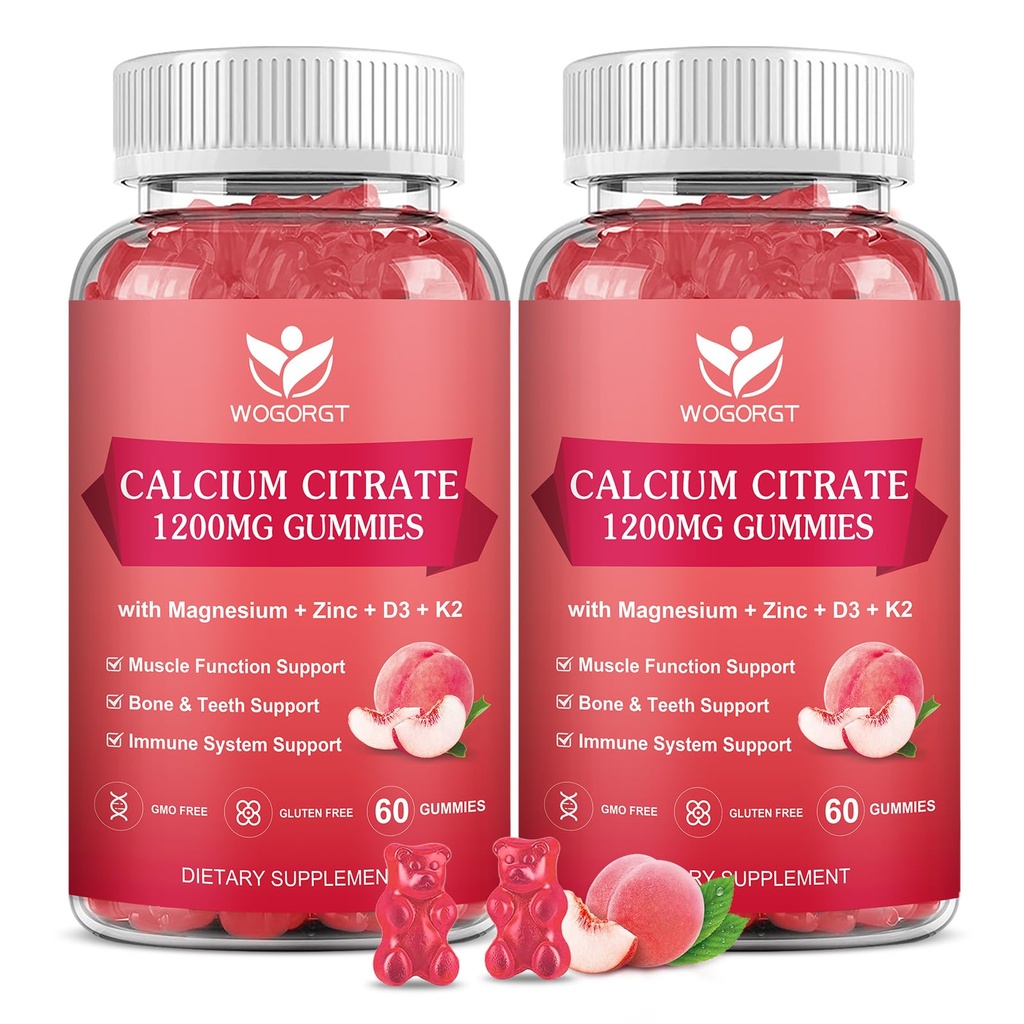 Calcium citraat 1200mg Gummies met vitamine D3, K2 - Kauwbaar Calcium Magnesium Zink d3 Supplement met Sea Moss Extract voor bot, tanden, Immune Ondersteuning voor vrouwen & mannen, Peach Flavor-60 Gummies(2Pack)