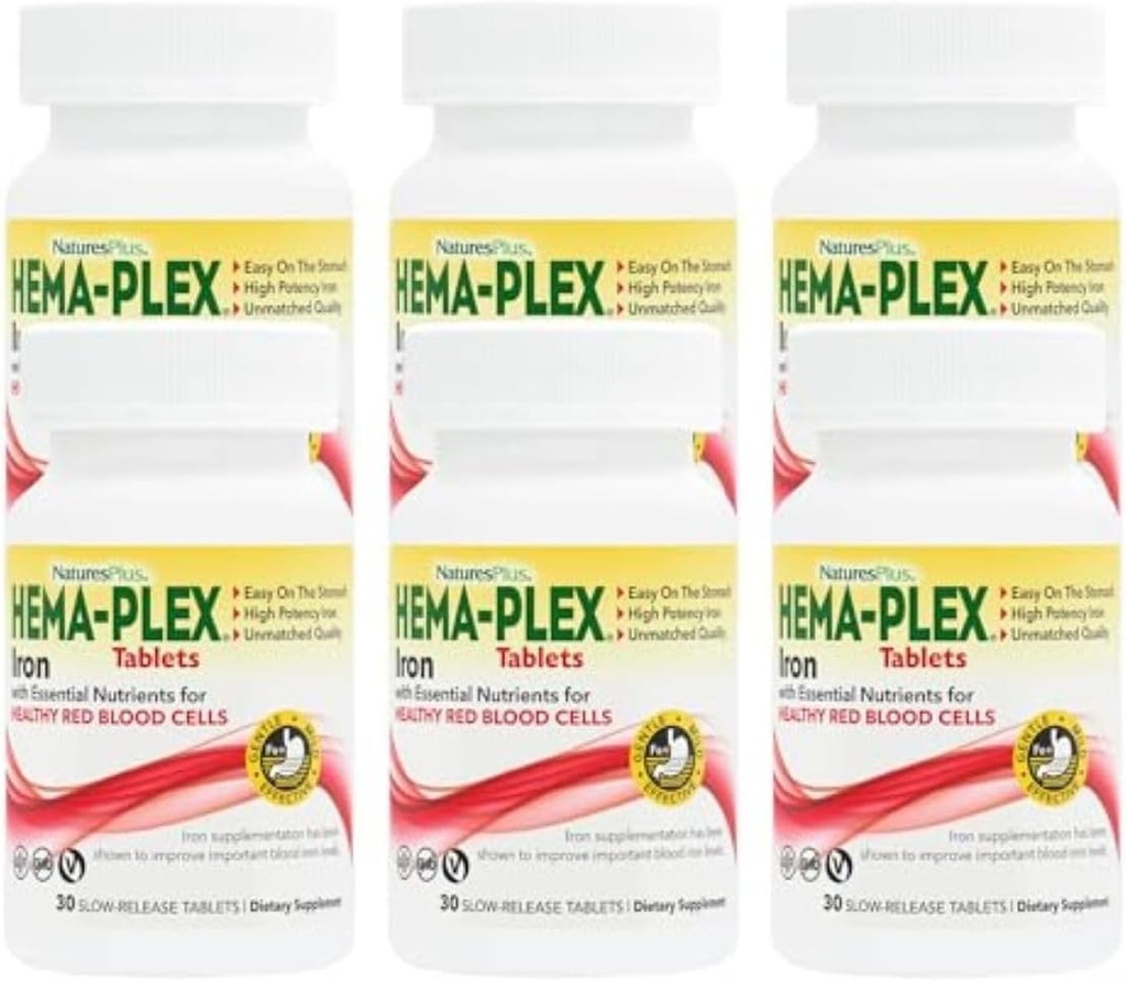 NaturesPlus Hema-Plex Iron - 30 Sustained Release Tablets, Pack of 6-85 mg Elemental Iron - Total Blood Health - with Vitamine C & Bioflavonoids - Vegan, Glutenvrij - 180 Total Servings