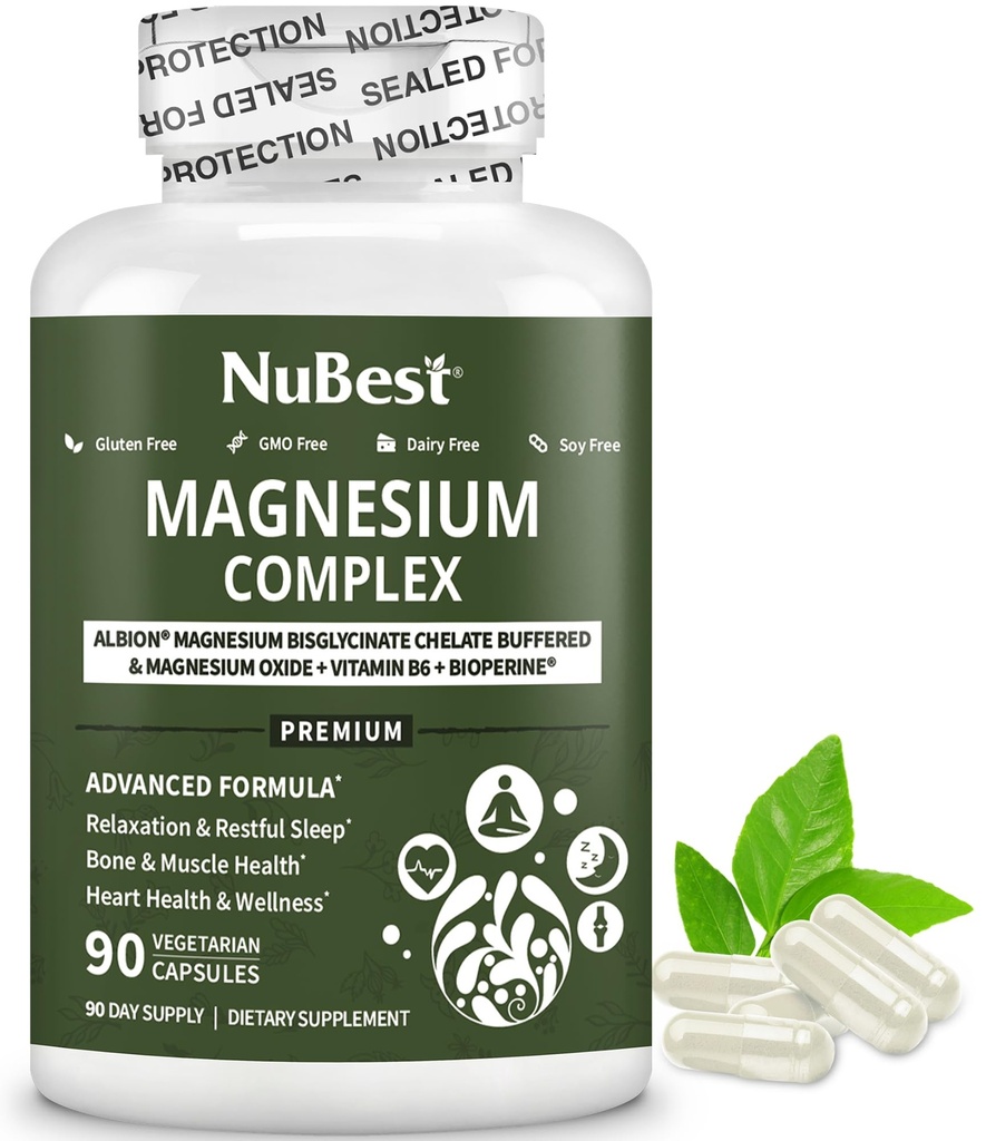 Magnesium Glycineer Chelate Complex met Albion Magnesium Bisglycinate Chelate, Vitamine B6 & BioPerine voor bot, spier, natuurlijke slaap, zenuwfunctie, Brain Booster