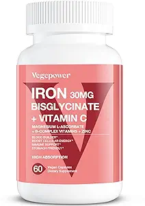 Bisglycinate de fer, supplément de fer végétalien de 30 mg pour les femmes et les hommes, Chélaté avec vitamine C, B12, acide folique - pilules de fer pour l'anémie, haute absorption, sans gluten, sans OGM - 60 capsules