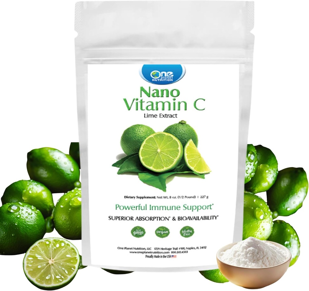 One Planet Nutrition Nano Vitamin C Powder 8 oz (227 Servings), Ascorbic Acid from Lime Extract, Nano for Enhanced Absorptie, Supports Collageen Production & Immune Health, Non-GMO, Vegan