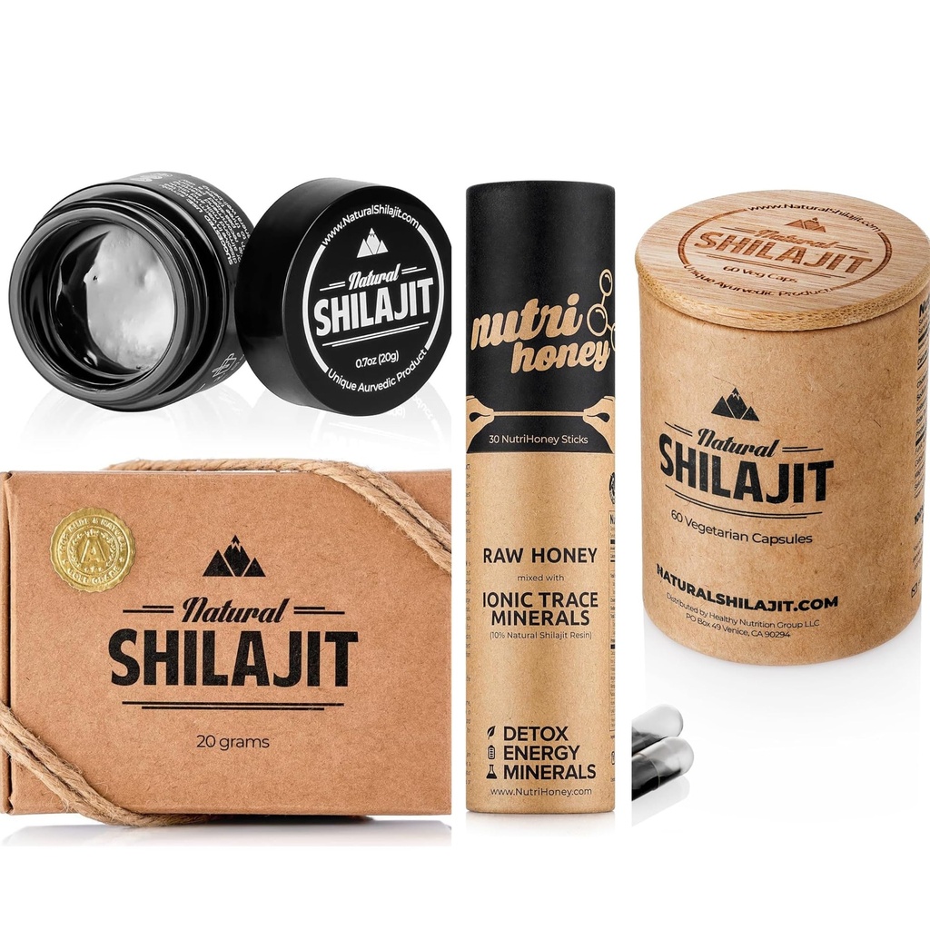 SHILAJIT NATUREL Résine 20G, Shilajit Honey Sticks 30 Capsules de dénombrement 60 Compte