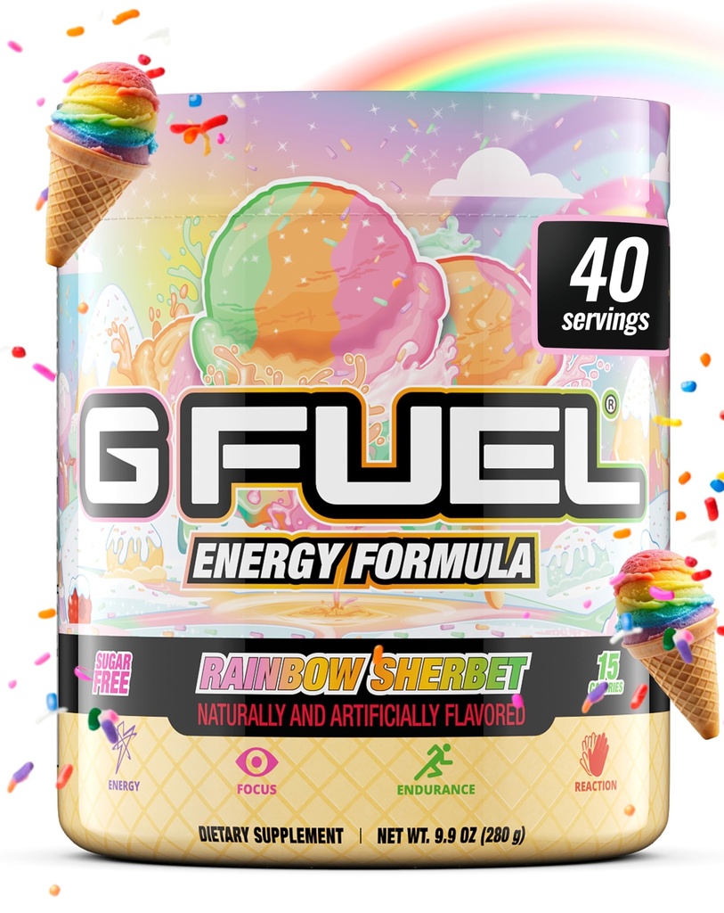 G Fuel Rainbow Sherbet Energy Drink Powder, Pre Workout Cafeine Mix voor Gaming, Sugar Free Focus Amino, Vitamine + Antioxidanten, 9.9oz (Rainbow Sherbet, 40 Servers)