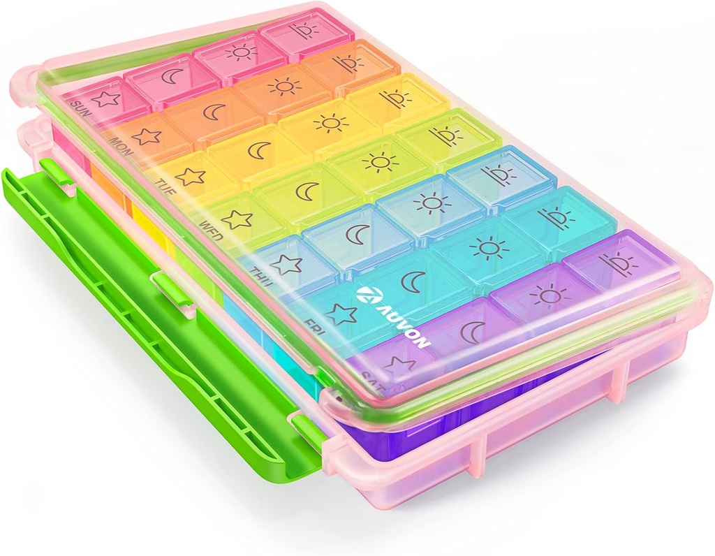 AUVON iMedassist Vocht-Proof Weekly pil Organizer 4 keer per dag, grote 7 dagen pil doos met Portable Design voor reizen, verwijderbare individuele containers Houd vitamines, supplementen, medicijnen