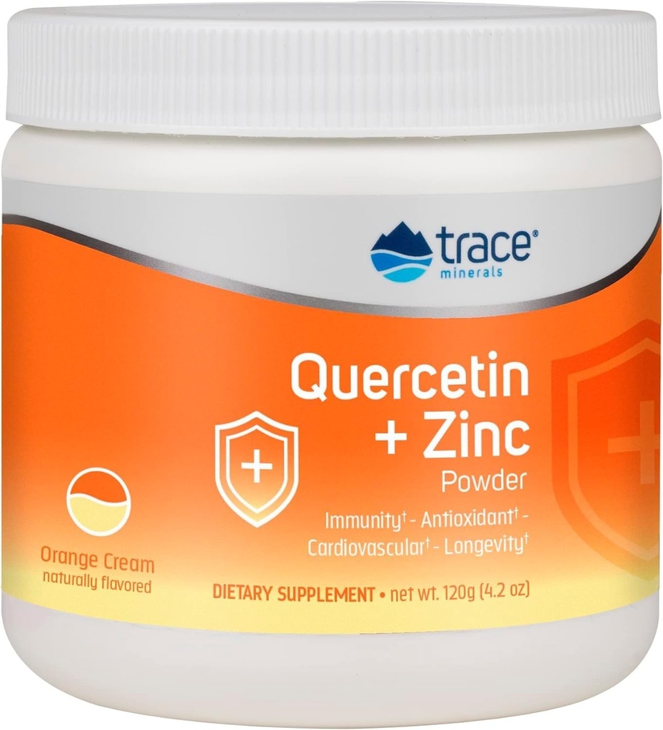 Trace Minerals Quercetin Plus Poudre de zinc - Supplément antioxydant pour le soutien immunitaire - Supplément minéral Aides à la santé cardiovasculaire - Comprend Vitamine C & Ionic - Crème orange, 120g (30 portions)