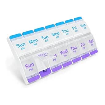 EZY DOSE Push Knop (7 dagen) Pill Case, Medicine Planner, Daily Vitamin Organizer, 2 keer per dag AM/PM, X-Large Compartments, Artritis Vriendelijke, Makkelijk te gebruiken, Clear Lids, Paars en Blauw, BPA Gratis