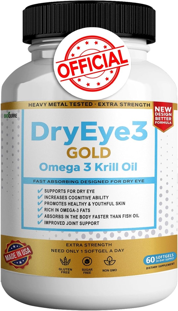 Droge Eye 3 Gold Omega 3 Krill Oil Extra sterkte, 60 Softgels, droge oogondersteuning, Non-GMO, Glutenvrij, Suikervrij (1)