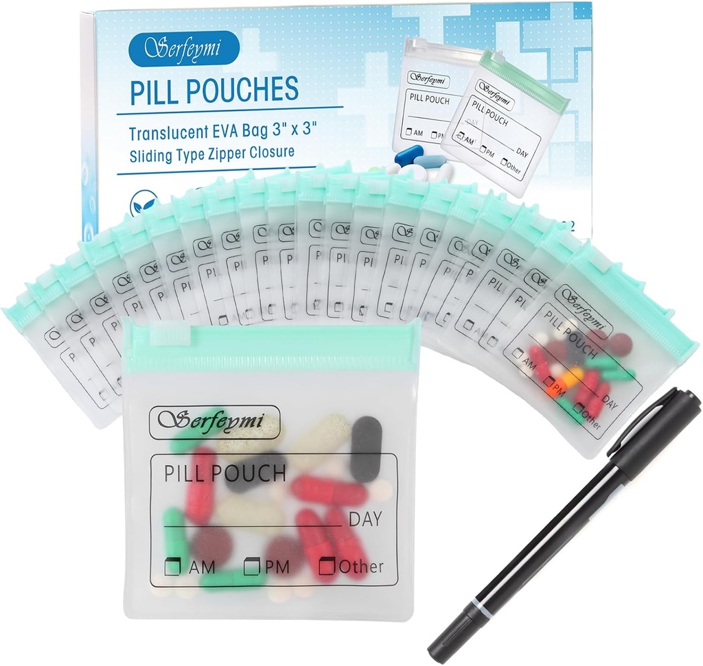Serfeymi 32 Pcs Pochettes à pilules zippées Organisateur Sacs en plastique 3 X 3 pouces 12 mil Auto-scellage avec serrure à diapositives Étiquette critable Translucide Travel Medicine Sac de rangement et 1 Pc Marqueur vert