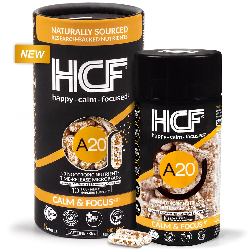 HCF A20 Microbead Brain Health Supplements for Adults for Memory, Focus, Calm, Mood, Alertheid, Attention, Vision, Sleep, Immune System, 20 Premium Nootropic Nutrients Multivitamine & 7 Advances® Tech