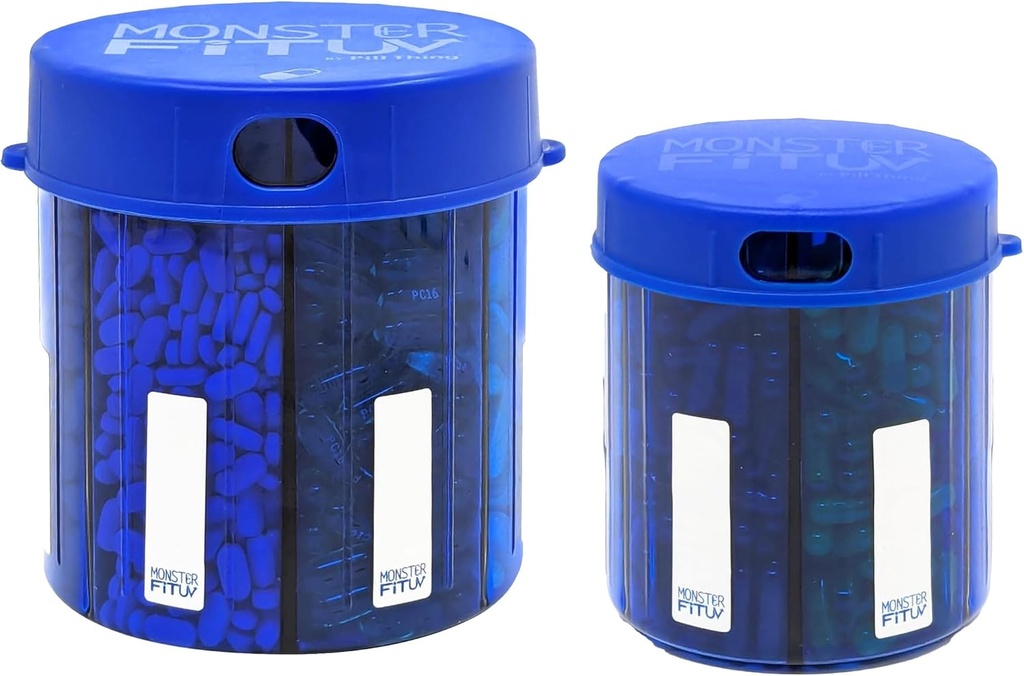 Supplément Monster Médicament Pill Dispenser avec étiquettes de compartiment - Extra Large Pill Container Bouteille poignées Presque n'importe quel supplément - Facile à distribuer (Monster Blue & Monster Jr. Blue)