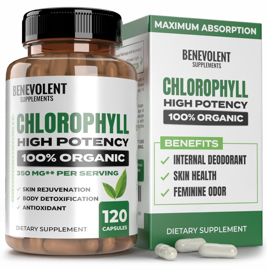 Gélules Benevolent Chlorophylle 350mg - 100% Naturel + Ultra Chlorophylle 20x Concentration de puissance pour stimuler l'énergie, soutien immunitaire, Déodorant interne, Santé de la peau, Non-OGM, 120 Capsules