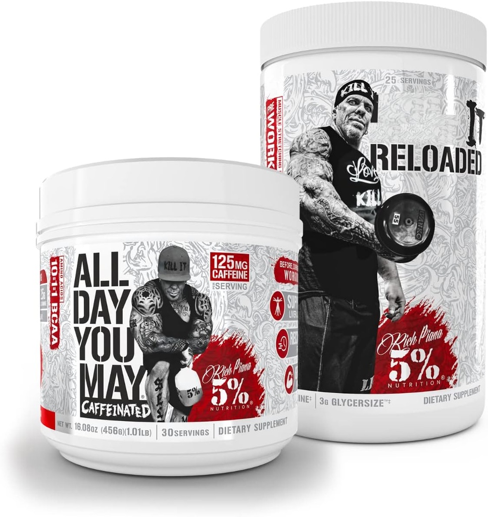 5 % Nutrition Riche Piana Bundle (en anglais seulement) AllDayYouMay caféiné BCAA Powder + Kill It Reloaded High-Stim Pre-Workout (Fruit Punch)