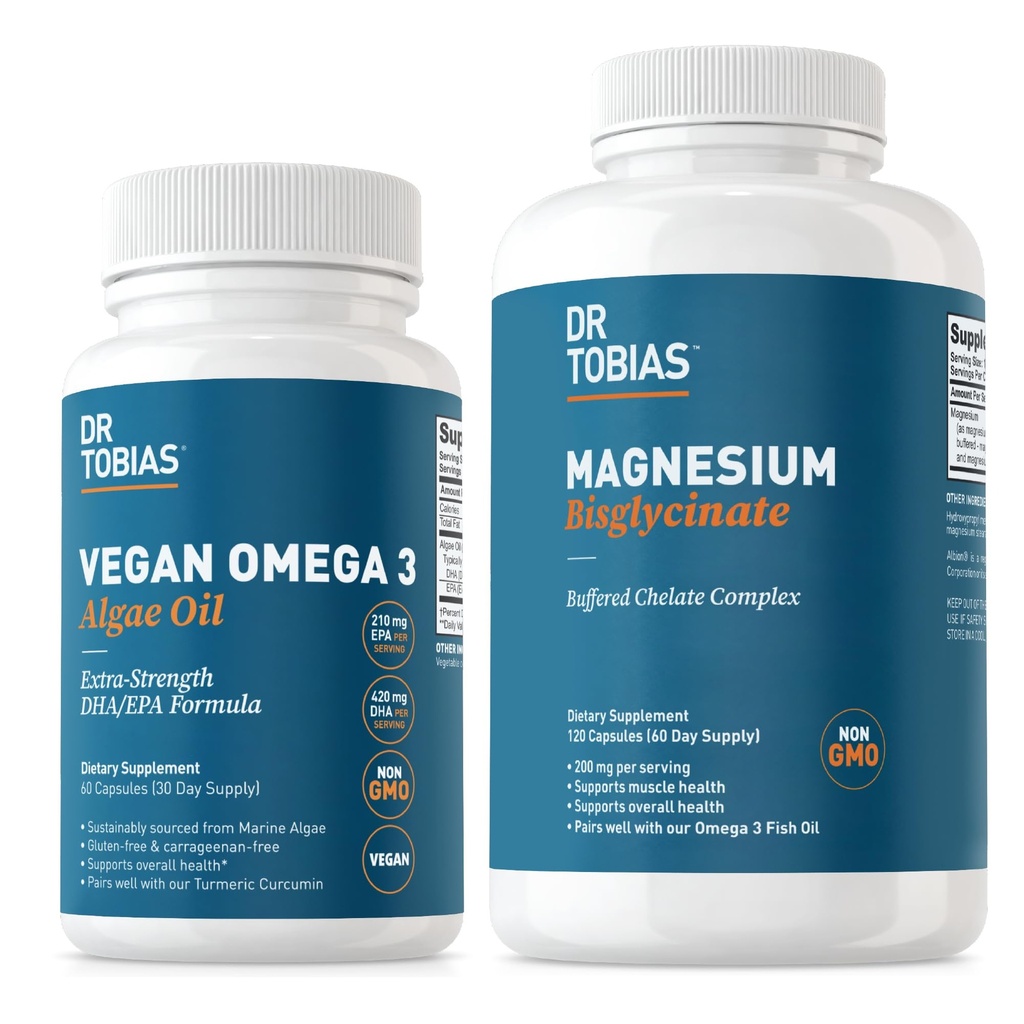 Dr. Tobias Vegan Omega 3 Algenolie en magnesiumbisglycinaat, essentiële wellnessondersteuning voor hart, hersenen, spieren en botgezondheid, niet-GMO, veganistisch