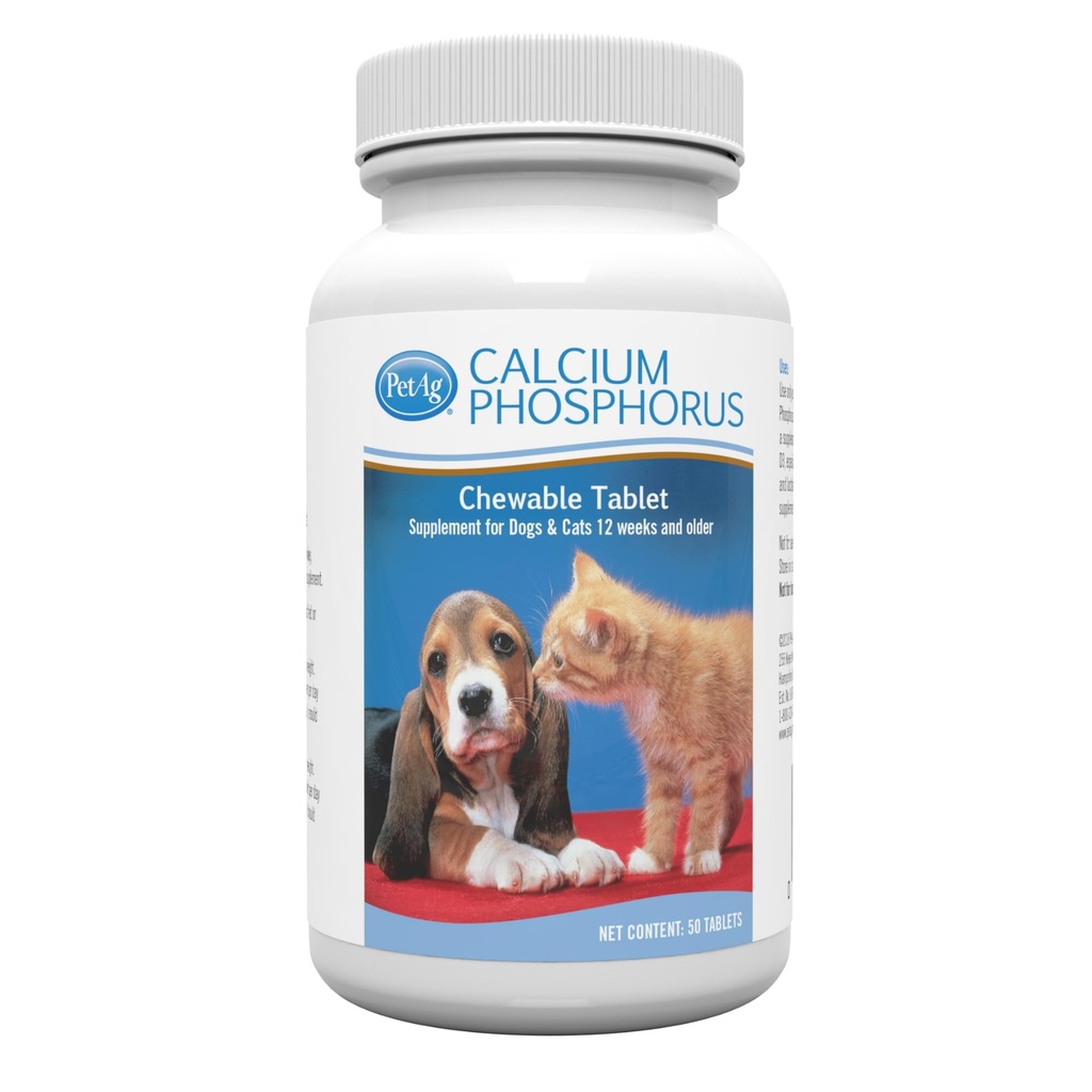 PetAg Calcium Fosfor tabletten - 50 tabletten - Dagelijks gebruik, Kauwbaar supplement voor honden & katten 12 weken en ouder - verrijkt met vitamine D