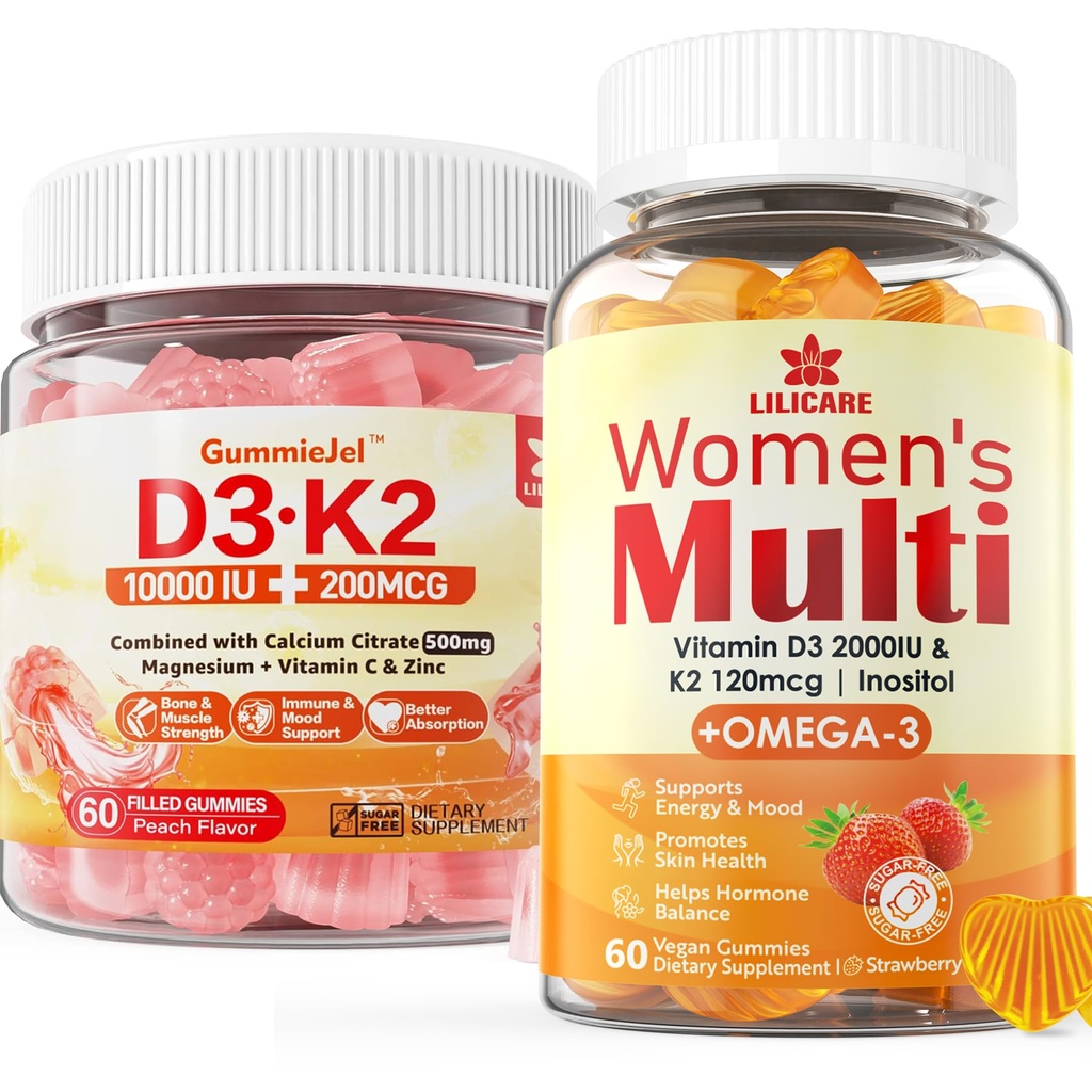 Suikervrije vitamine D3 K2 Gevulde Gummies + Multivitamine voor vrouwen Gummies
