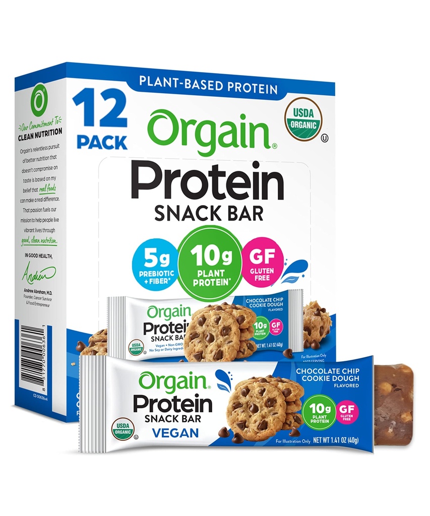 Orgain Biologische Vegan Protein Bars, Chocolade Chip Cookie Deeg - 10g Plant Based Proteïne, Lage Calorie Gezonde Snacks, Geen Lactose of Soja Ingrediënten, Glutenvrij, Non-GMO - 1,41 Oz (Pack van 12)
