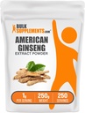 BulkSupplements.com American Ginseng Extract Powder - Ginseng Supplement, Kruidensupplementen - Glutenvrij, 1g per portie, 250g (Pack of 1)