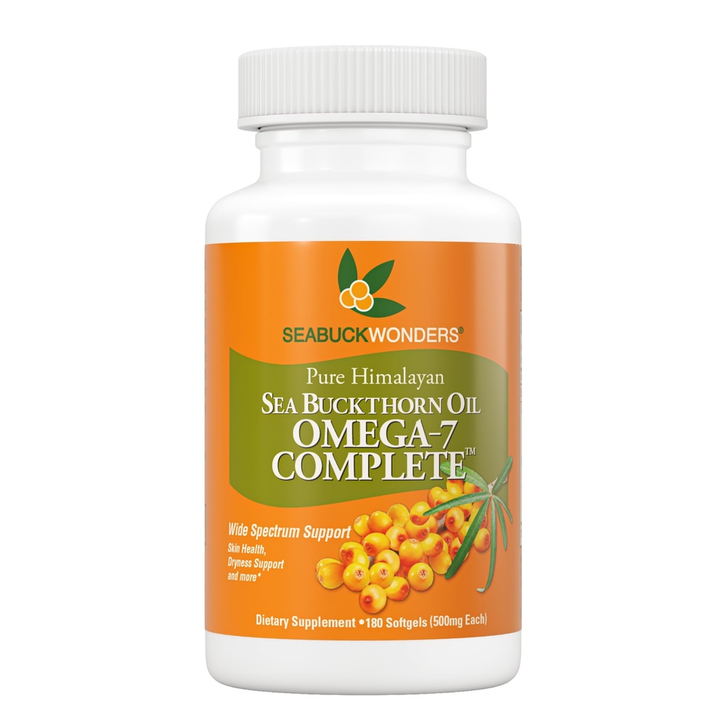 SeabuckWonders Biologische Zee Buckthorn Oil, Omega-7 Complete Softgels, 180 Graaf, met Omega 3, 6 & 9, Ondersteunt Haar, Huid & Nagel Gezondheid, 1000mg per Serving