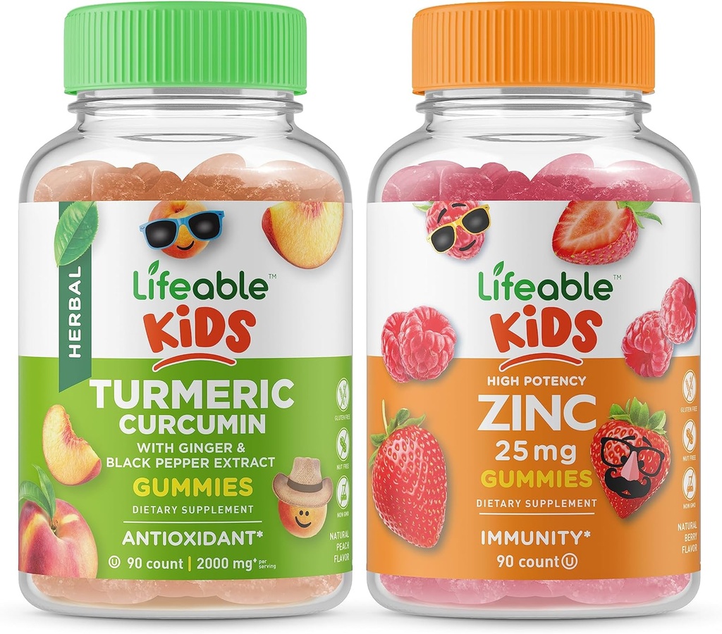 Levensbaar Kurkuma Curcumin Kids + Zink 25mg Kids, Gummies Bundle - Grote Proeverij, Vitamine Supplement, Glutenvrij, GGO-vrij, Kauwbare Gummy