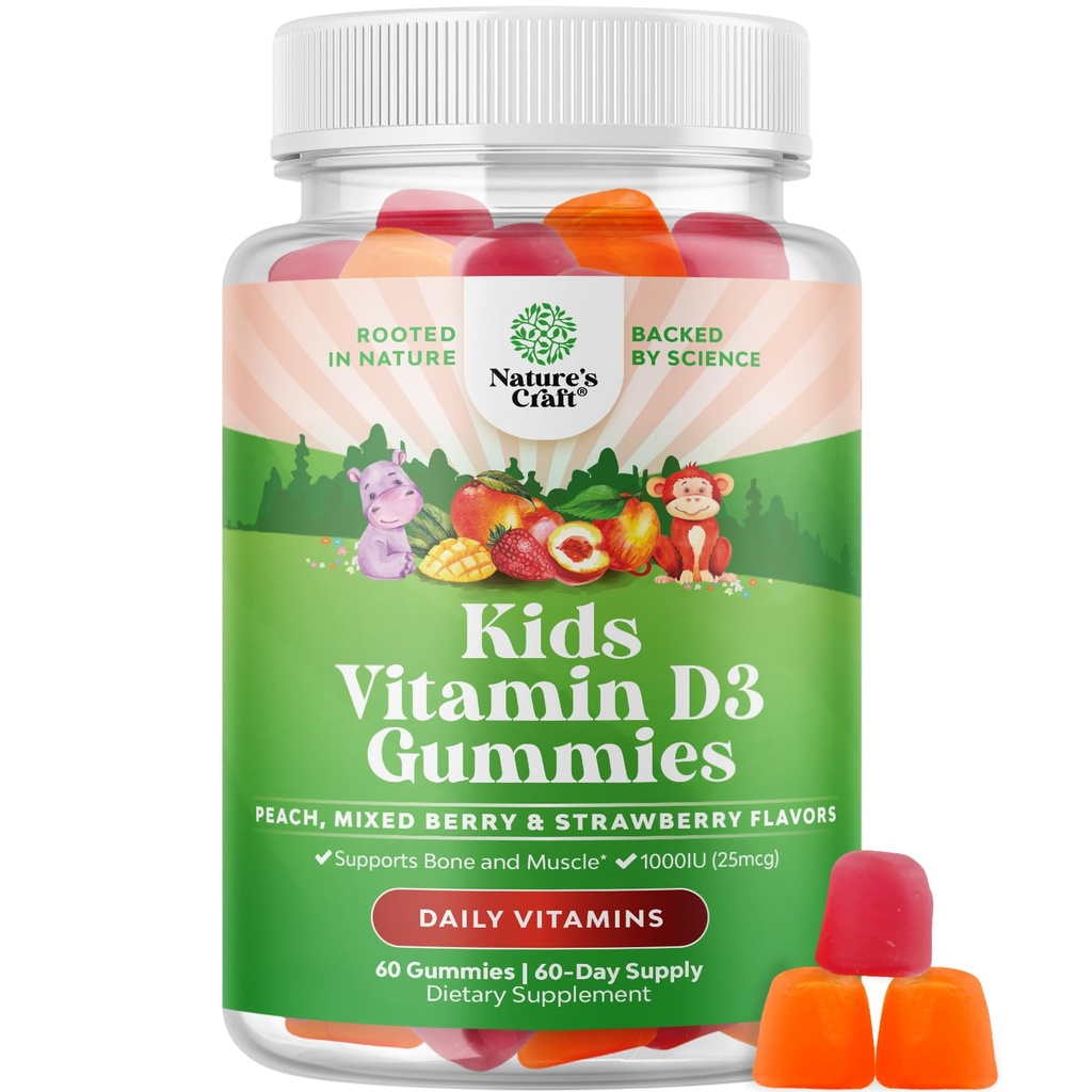 Kauwbare vitamine D Gummies voor kinderen - Delicious Kids Vitamine D 1000 IE Per Serving Gummy Vitaminen voor en peuters Immune Ondersteuning Plus Spiertanden en bot gezondheid - Gelatine Gratis Fruit Smaken