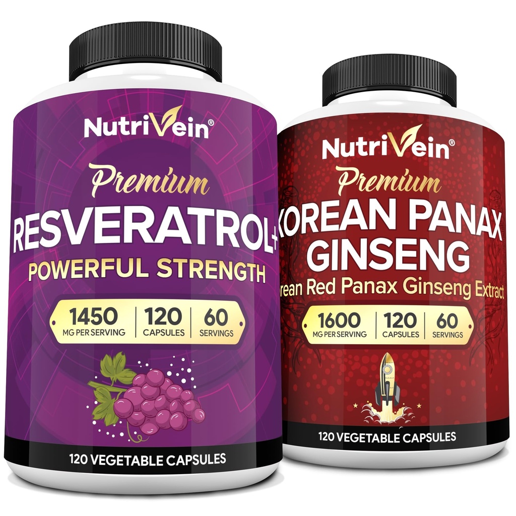Nutrivein Premium Korean Panax Ginseng Supplement & Resveratrol Supplement Bundle: Hoge absorptie Resveratrol Capsules & Ginseng voor hersenen, verdedigingen, reparatie, & vitaliteit