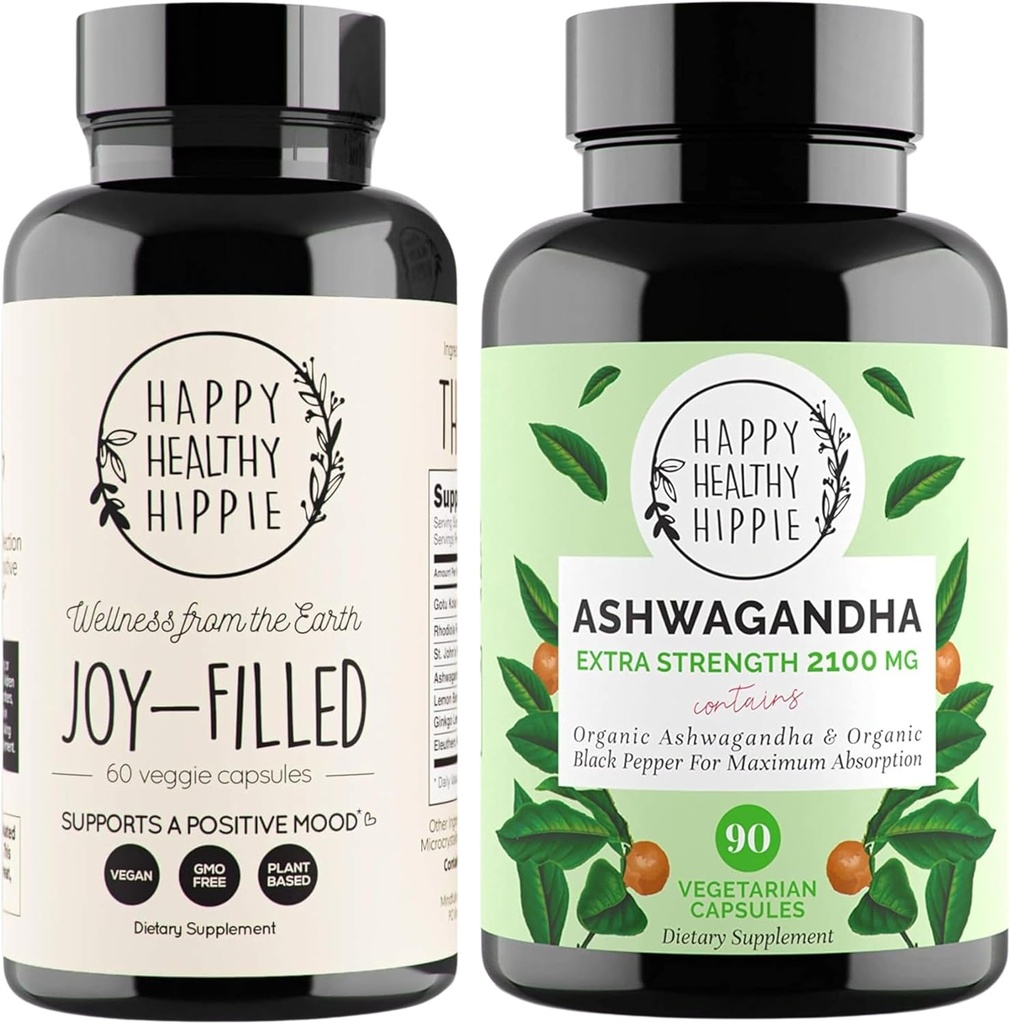 Gelukkige gezonde Hippie Joy-Filed Mood Ondersteuning Supplement + Biologische Ashwagandha Stress Ondersteuning Supplement