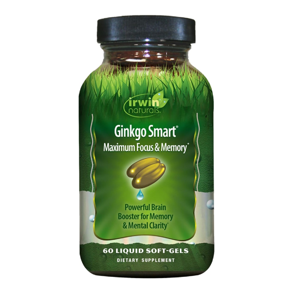 Irwin Naturals Ginkgo Smart Powerful Nootropic Brain Booster - prend en charge la mémoire maximale, le focus et la clarté mentale avec DMAE, Clubmoss, Choline et acétyl L-Carnitine - 60 Softgels liquides