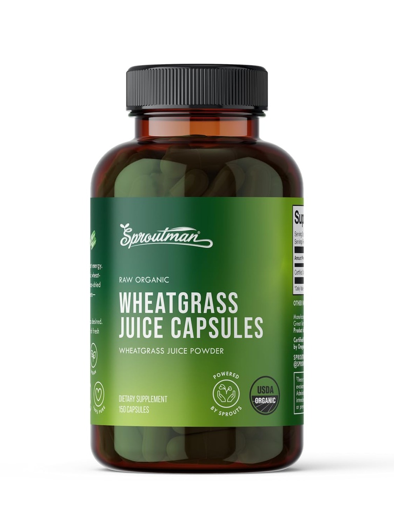 Organisch Tarwegras Juice Powder Capsules by Sproutman - 100% Pure Tarwegras - Aids Digestie - High in Vitaminen, Antioxidanten, Chlorofyl, Enzymen, Mineralen & Energy (150 Pillen)