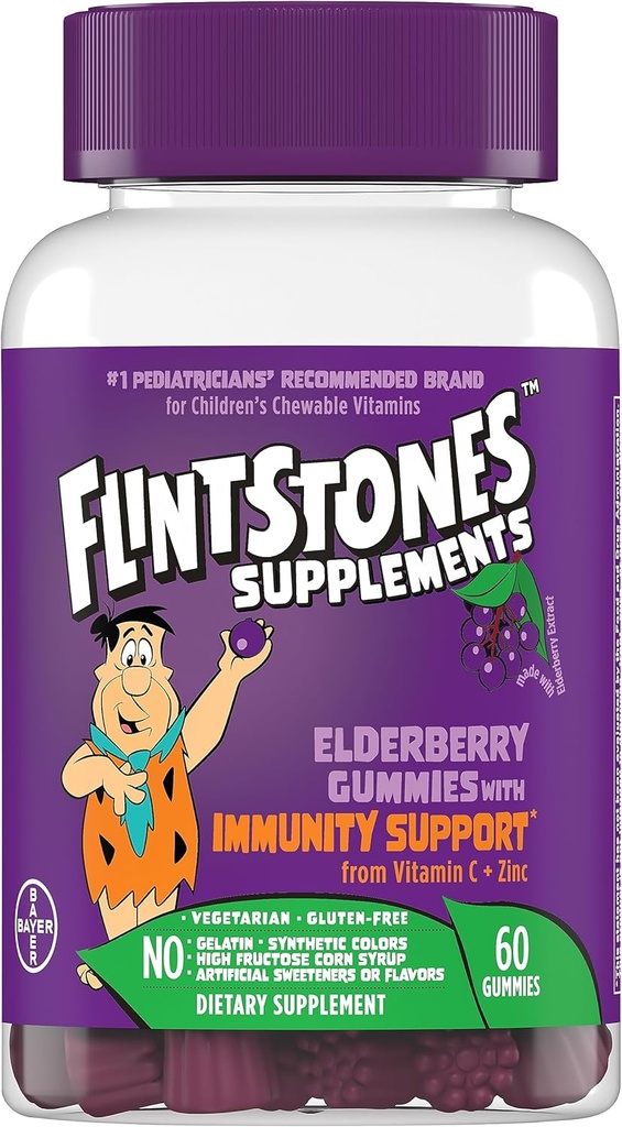 Flintstones Vitaminen Vlierbessen Gummy's voor kinderen met Immuniteit Ondersteuning van vitamine C & Zink, Immuun Ondersteuning Gummies, Multivitamine voor kinderen, Glutenvrij, 60 Tellen