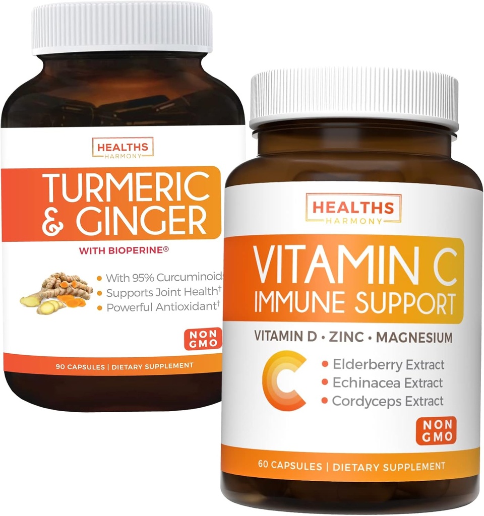 Bundel vitamine C Immune Support & Turmeric Curcumin - Dagelijkse ondersteuning: Immune + Joint Health - Immune Support - Vitamine C met zink (Non-GMO) & Turmeric Curcumin - Black Pepper Extract (Non-GMO)