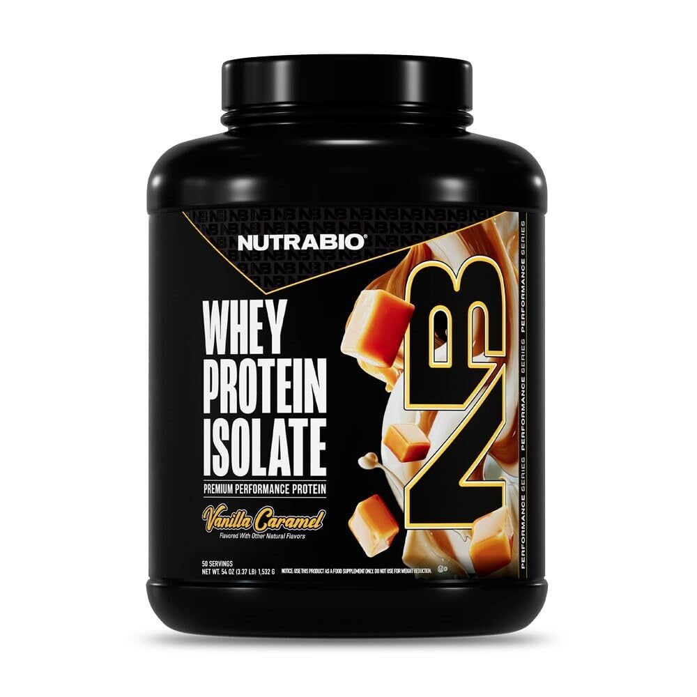 NutraBio 100% Wei Proteïne Isolaat Proteïne Poeder, 25g Proteïne met Compleet Aminozuur Profiel, Non-GMO, Soja & Gluten Vrij, Low Carb, Lage Calorie Wei Proteïne Poeder, Vanille Caramel, 5 Lbs