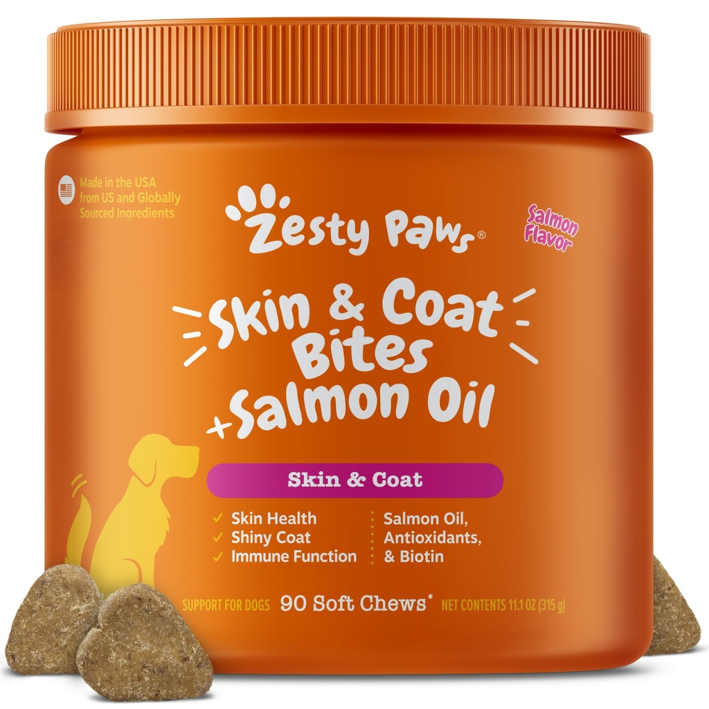 Zeesty Paws Zalmolie voor honden huid en jas, Omega 3 Visolie Kauwen, Honden Allergie Relief Kauwen, Itch Relief Supplement, 90 Tel, Zalm smaak
