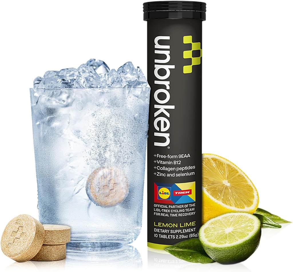 UNBROKEN 9EAA/BCAA Recovery Tablets (60% FREE-FORM/40% Di- & Tri-Peptides), Aminozuren Supplement voor snellere Recovery & Minder Spierpijn, Post & Pre-workout voor mannen en vrouwen, 10 Ser., Lemon Lime