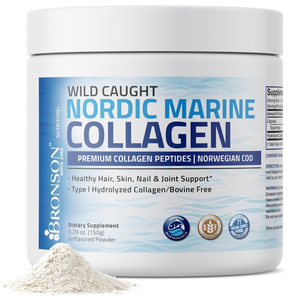 Bronson Marine Collageen Peptides Gehydrolyseerde Proteïne Poeder 100% Wild Gevangen Nordic Cod Geverifieerde Duurzame Bron voor gewrichten Huidhaar Nagels & Bones 150g (5.29oz)