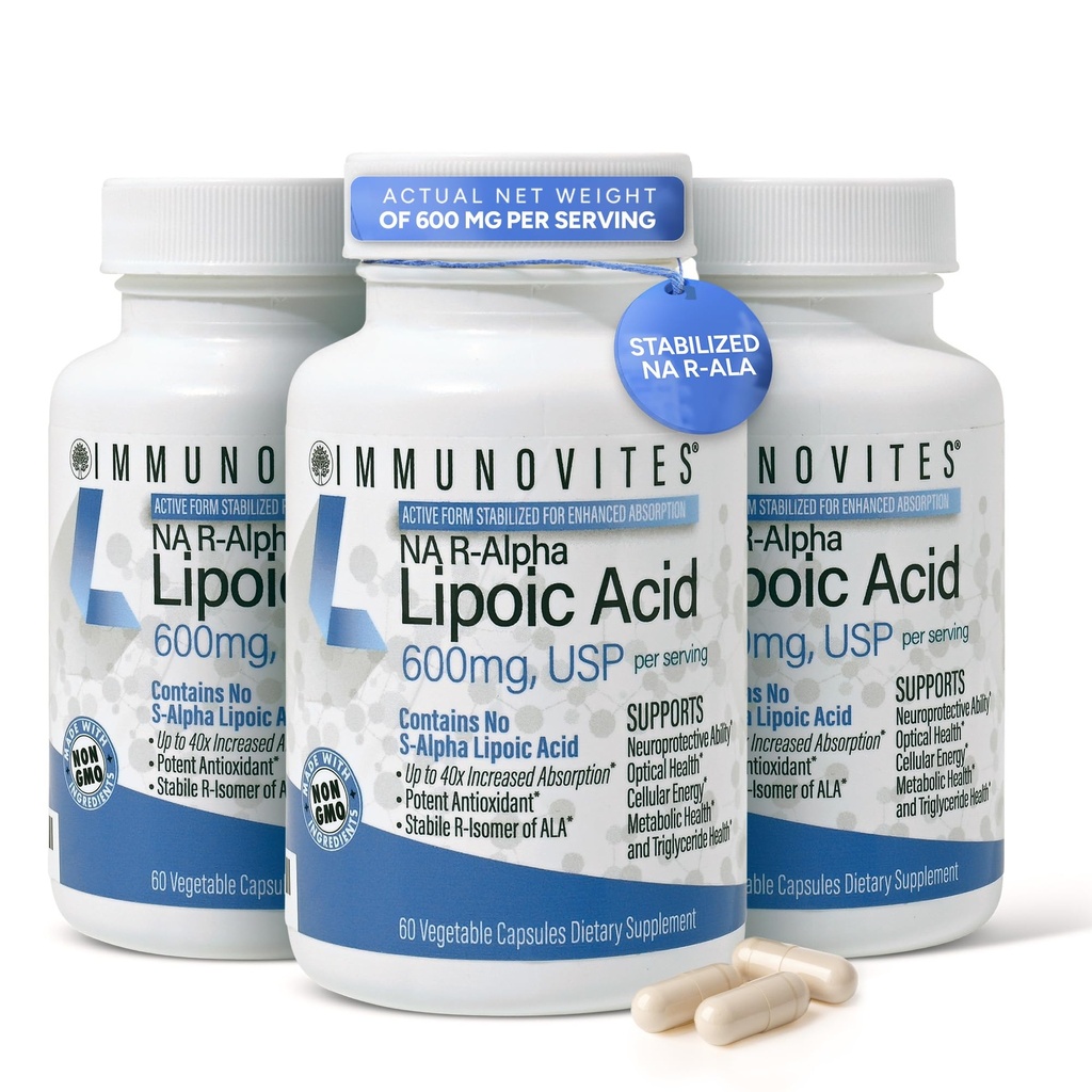 IMMUNOVITES 3-pack gestabiliseerd R-alfa Lipozuur ((True)) 600 mg per portie [[Hoge potentie & tot 40x verhoogde absorptie]] (Na R-ALA) (Na R-LA) (Na R-Lipaaat) (3 flessen)