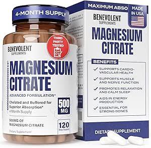 Premium Magnesium Citrate 500mg Capsules (Citrato de Magnesio) Hoge absorptie Formule Chelated Buffered Citrate ter ondersteuning van spijsvertering, bot, slaap- en spiergezondheid - 120 capsules