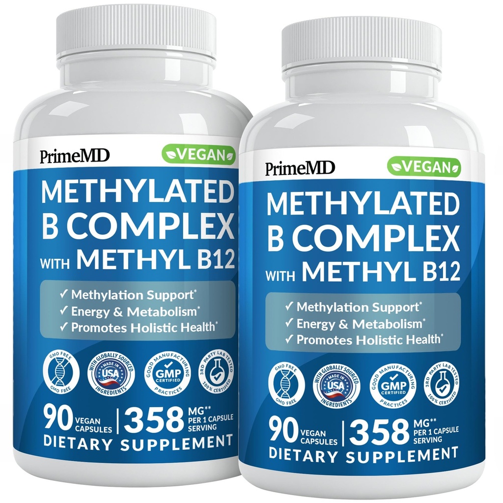 Gemethyleerd B-complex met methylfolaat en B12 methylcobalamine 1000 mcg - gemethyleerde multivitamine voor energie, hersenfunctie en wellness - vitamine B-complex voor mannen en vrouwen (180 porties, verpakking van 2)