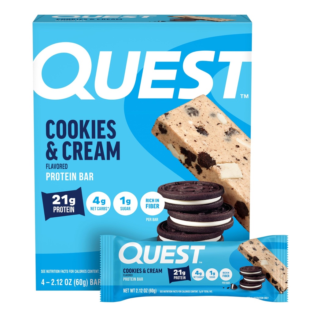 Quest Nutrition Cookies & Cream Protein Bars, 21g Proteïne, 4g Net Carbs, 1g Suiker, Glutenvrij, Keto Vriendelijk, 4 Tellen