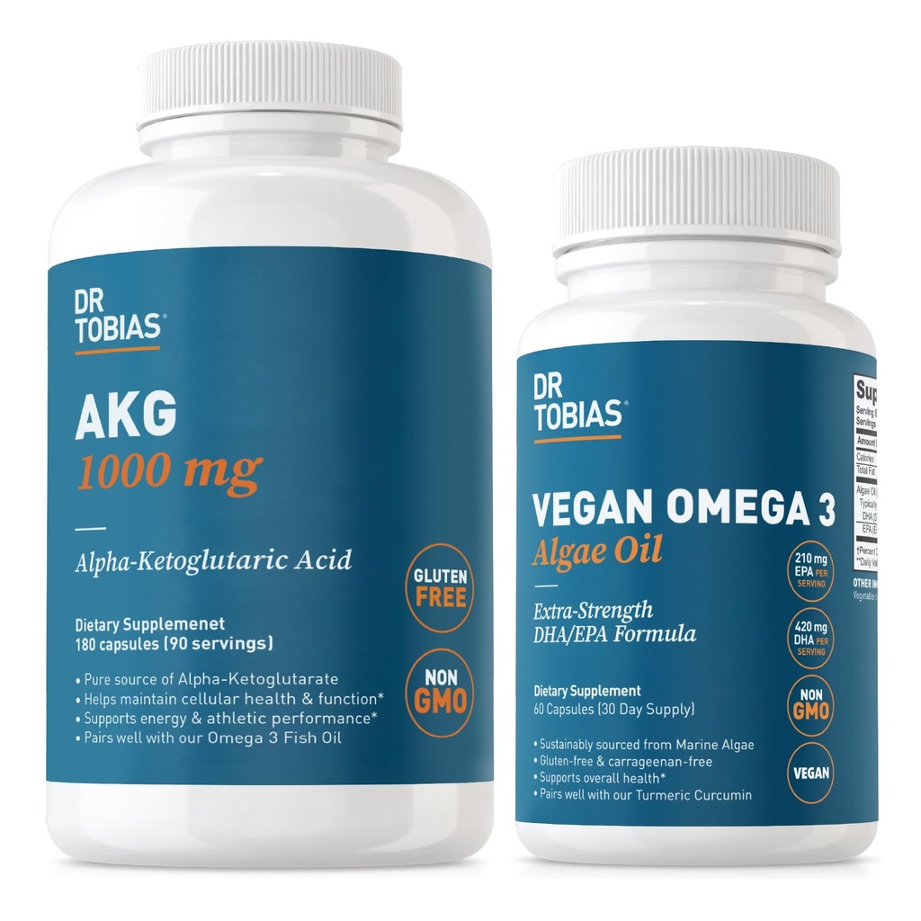 Dr. Tobias AKG Supplement & Vegan Omega 3 Algenolie, ondersteunen Cellulaire Energie & algehele gezondheid met AKG, EPA & DHA, Veganistisch, Glutenvrij, niet-GMO
