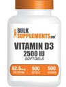 BulkSupplements.com Vitamine D3 2500IU Softgels - Cholecalciferol, D3 Supplement, Vitamine D 2500 IE - 1 Vitamine D3 Softgel (62,5mcg vitamine D) per portie, 500 Tellen (pakket van 1)