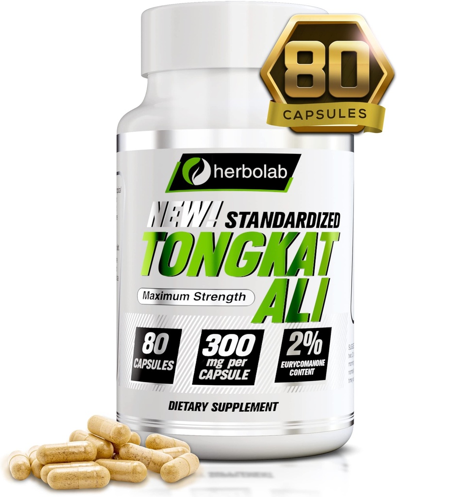 Herbolab Tongkat Ali pour hommes Supplément racine 200:1, standardisé à 2% Eurycomanone, 1200mg, 30 jours d'approvisionnement, Longjack Tongkat Ali pour hommes, Eurycoma Longifolia Capsules de poudre d'extrait, Ginseng malaisien