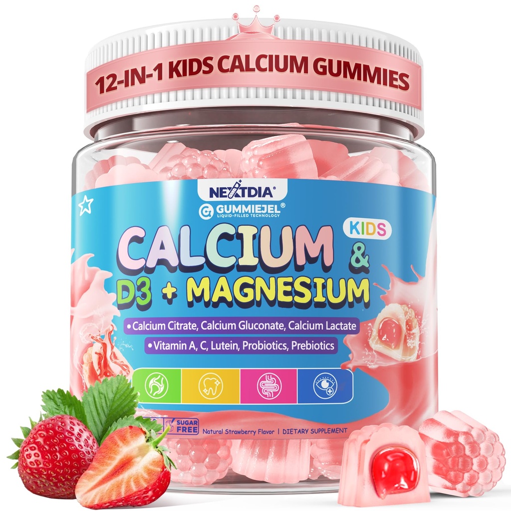 Kids Calcium Gummies + D3 & Magnesium voor 4+, met Calcium citraat Calcium Gluconaat, Calcium Lactaat, Probiotica & Prebiotica voor kinderen Bone Health,Muscle Ondersteuning,Digestieve Gezondheid, Sugar Free 60Cts