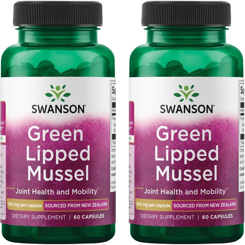 Swanson Green Lipped Mussel (gel-séché) - Supplément Nouvelle-Zélande pour la santé et la mobilité - La formule naturelle peut soutenir la santé cardiaque et la fonction digestive - (60 Capsules, 500mg chacun) (2 Pack)