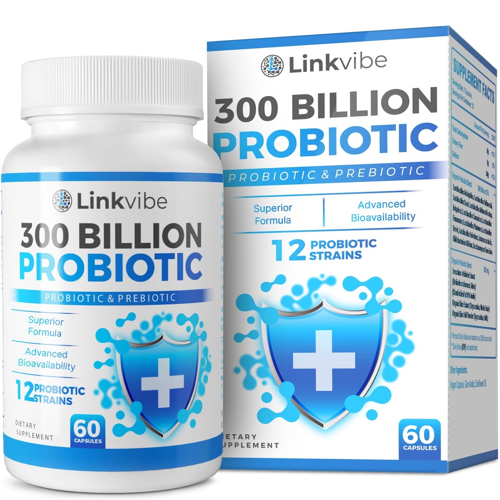 Probiotic 300 Miljard CFU - 12 Strains with Organic Prebiotics for Digestief & Gut, Immune, Bloating Health - Probiotics for Women and Men - Daily Dairy Free, Plank Stable - 60 Telt